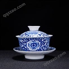 景德镇陶瓷手绘三才碗 青花缠枝手抓碗茶敬茶杯 家用创意茶杯盖碗