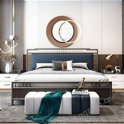 新中式轻奢软包床 1.5m样板房1.8米双人床定制 主卧禅意风现代简约实木床批发
