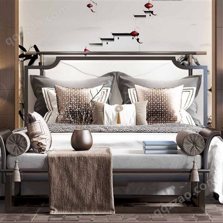 吉林新中式双人床 现代中式实木轻奢定制 简约别墅样板房卧室婚床禅意家具