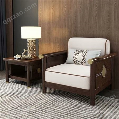 新中式实木沙发组合 轻奢全实木胡桃木小户型客厅沙发价格 木质木布组合定制